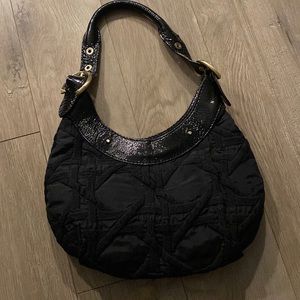 STUART WEITZMAN black gold studs fabric patent leather hardware shoulder bag